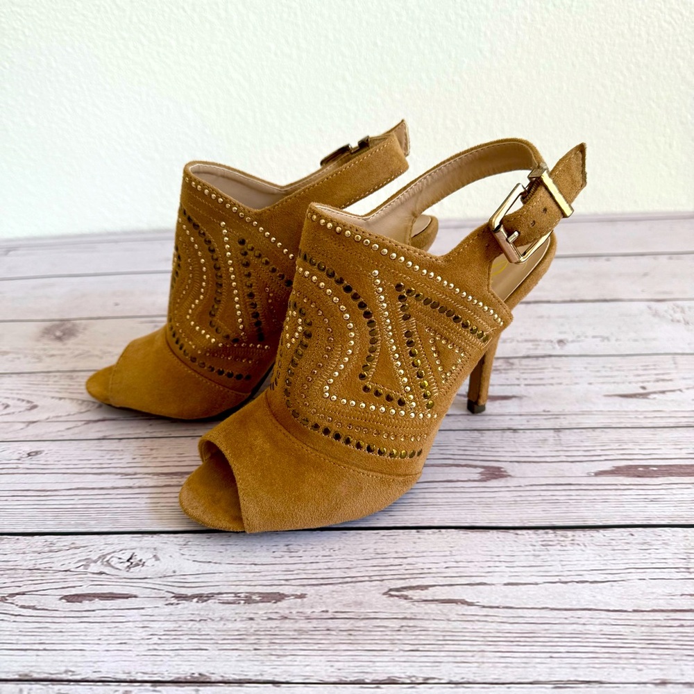 Tan Suede like Studded Peep-toe 4” Heels